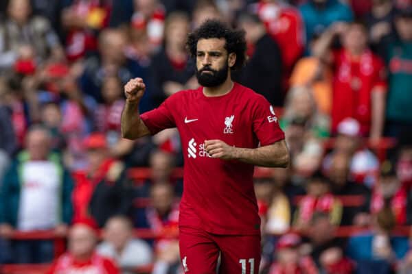 LIVERPOOL, ENGLAND - Sunday, April 30, 2023: Liverpool's Mohamed Salah celebrates after scoring the third goal during the FA Premier League match between Liverpool FC and Tottenham Hotspur FC at Anfield. (Pic by David Rawcliffe/Propaganda)