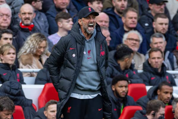 LIVERPOOL, ENGLAND - Sunday, April 30, 2023: Liverpool's manager Jürgen Klopp reacts during the FA Premier League match between Liverpool FC and Tottenham Hotspur FC at Anfield. (Pic by David Rawcliffe/Propaganda)