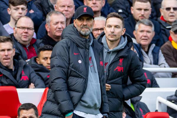 LIVERPOOL, ENGLAND - Sunday, April 30, 2023: Liverpool's manager Jürgen Klopp (L) and first-team development coach Pepijn Lijnders during the FA Premier League match between Liverpool FC and Tottenham Hotspur FC at Anfield. (Pic by David Rawcliffe/Propaganda)
