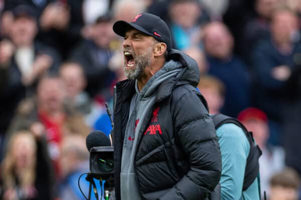 LIVERPOOL, ENGLAND - Sunday, April 30, 2023: Liverpool's manager Jürgen Klopp celebrates after the FA Premier League match between Liverpool FC and Tottenham Hotspur FC at Anfield. Liverpool won 4-3. (Pic by David Rawcliffe/Propaganda)