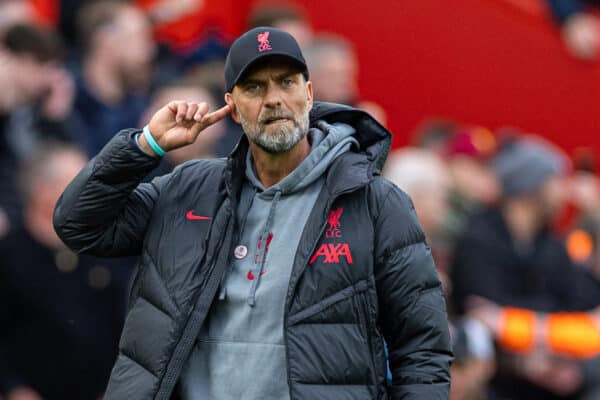 LIVERPOOL, ENGLAND - Sunday, April 30, 2023: Liverpool's manager Jürgen Klopp celebrates after the FA Premier League match between Liverpool FC and Tottenham Hotspur FC at Anfield. Liverpool won 4-3. (Pic by David Rawcliffe/Propaganda)