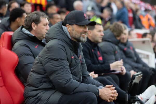 LIVERPOOL, ENGLAND - Wednesday, May 3, 2023: Liverpool's manager Jürgen Klopp during the FA Premier League match between Liverpool FC and Fulham FC at Anfield. (Pic by David Rawcliffe/Propaganda)