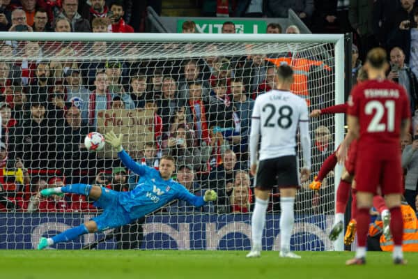 LIVERPOOL, ENGLAND - Wednesday, May 3, 2023: Fulham's goalkeeper Bernd Leno is beaten as Liverpool's Mohamed Salah scores the opening goal from a penalty kick during the FA Premier League match between Liverpool FC and Fulham FC at Anfield. (Pic by David Rawcliffe/Propaganda)