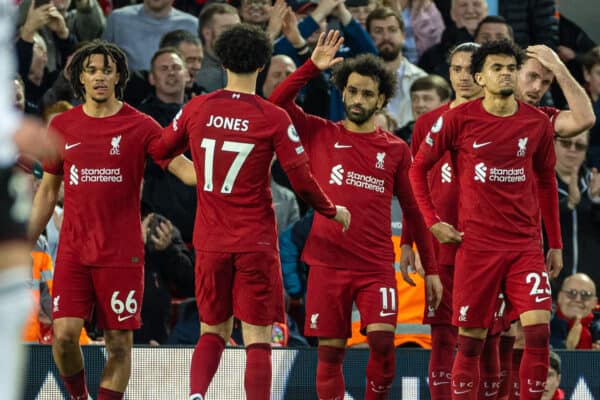 LIVERPOOL, ENGLAND - Wednesday, May 3, 2023: Liverpool's Mohamed Salah celebrates after scoring the opening goal from a penalty kick during the FA Premier League match between Liverpool FC and Fulham FC at Anfield. (Pic by David Rawcliffe/Propaganda)