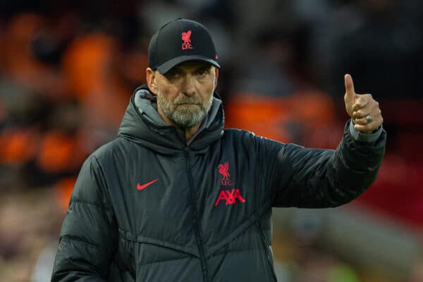 LIVERPOOL, ENGLAND - Wednesday, May 3, 2023: Liverpool's manager Jürgen Klopp during the FA Premier League match between Liverpool FC and Fulham FC at Anfield. (Pic by David Rawcliffe/Propaganda)