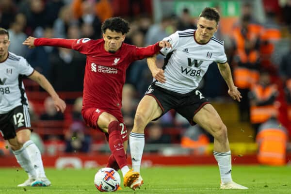 LIVERPOOL, ENGLAND - Wednesday, May 3, 2023: Liverpool's Luis Diaz (L) is challenged by Fulham's João Palhinha during the FA Premier League match between Liverpool FC and Fulham FC at Anfield. (Pic by David Rawcliffe/Propaganda)