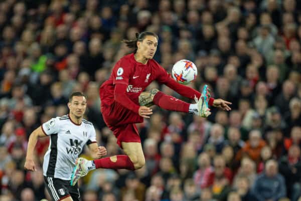 LIVERPOOL, ENGLAND - Wednesday, May 3, 2023: Liverpool's Darwin Núñez during the FA Premier League match between Liverpool FC and Fulham FC at Anfield. (Pic by David Rawcliffe/Propaganda)