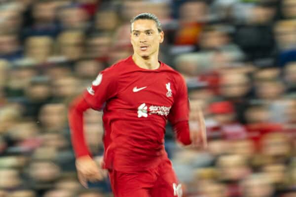 LIVERPOOL, ENGLAND - Wednesday, May 3, 2023: Liverpool's Darwin Núñez during the FA Premier League match between Liverpool FC and Fulham FC at Anfield. (Pic by David Rawcliffe/Propaganda)