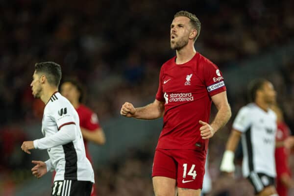 LIVERPOOL, ENGLAND - Wednesday, May 3, 2023: Liverpool's captain Jordan Henderson looks dejected after missing a chance during the FA Premier League match between Liverpool FC and Fulham FC at Anfield. (Pic by David Rawcliffe/Propaganda)