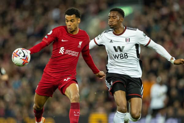 LIVERPOOL, ENGLAND - Wednesday, May 3, 2023: Liverpool's Cody Gakpo (L) is challenged by Fulham's Tosin Adarabioyo during the FA Premier League match between Liverpool FC and Fulham FC at Anfield. (Pic by David Rawcliffe/Propaganda)