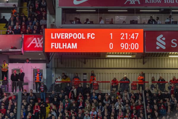 LIVERPOOL, ENGLAND - Wednesday, May 3, 2023: The scoreboard at 90 minutes during the FA Premier League match between Liverpool FC and Fulham FC at Anfield. (Pic by David Rawcliffe/Propaganda)