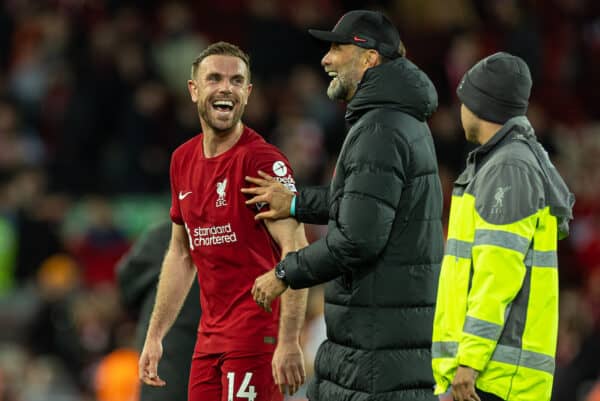 LIVERPOOL, ENGLAND - Wednesday, May 3, 2023: Liverpool's captain Jordan Henderson (L) laughs with manager Jürgen Klopp after the FA Premier League match between Liverpool FC and Fulham FC at Anfield. Liverpool won 1-0. (Pic by David Rawcliffe/Propaganda)