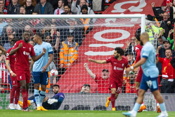 LIVERPOOL, ENGLAND - Saturday, May 6, 2023: Liverpool's Mohamed Salah celebrates after scoring the first goal during the FA Premier League match between Liverpool FC and Brentford FC at Anfield. (Pic by David Rawcliffe/Propaganda)