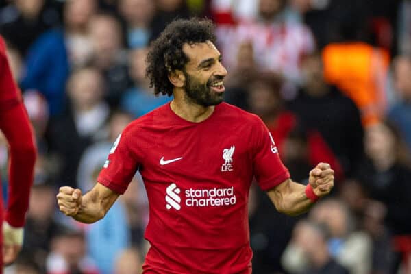 LIVERPOOL, ENGLAND - Saturday, May 6, 2023: Liverpool's Mohamed Salah celebrates after scoring the first goal during the FA Premier League match between Liverpool FC and Brentford FC at Anfield. (Pic by David Rawcliffe/Propaganda)