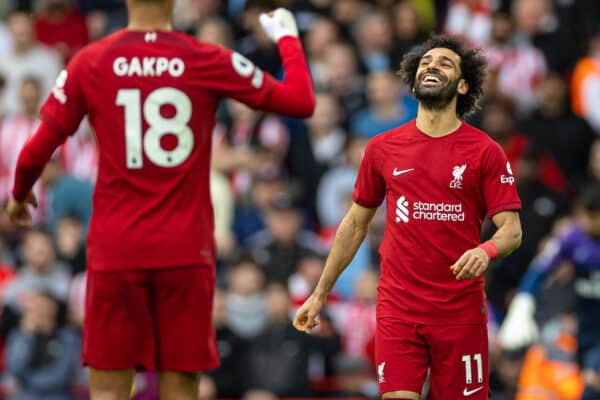 LIVERPOOL, ENGLAND - Saturday, May 6, 2023: Liverpool's Mohamed Salah celebrates after scoring the first goal during the FA Premier League match between Liverpool FC and Brentford FC at Anfield. (Pic by David Rawcliffe/Propaganda)