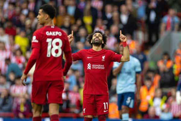 LIVERPOOL, ENGLAND - Saturday, May 6, 2023: Liverpool's Mohamed Salah celebrates after scoring the first goal during the FA Premier League match between Liverpool FC and Brentford FC at Anfield. (Pic by David Rawcliffe/Propaganda)