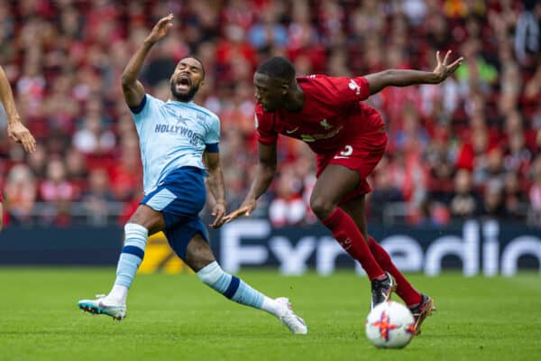 LIVERPOOL, ENGLAND - Saturday, May 6, 2023: Brentford's Rico Henry is challenged by Liverpool's Ibrahima Konaté (R) during the FA Premier League match between Liverpool FC and Brentford FC at Anfield. (Pic by David Rawcliffe/Propaganda)