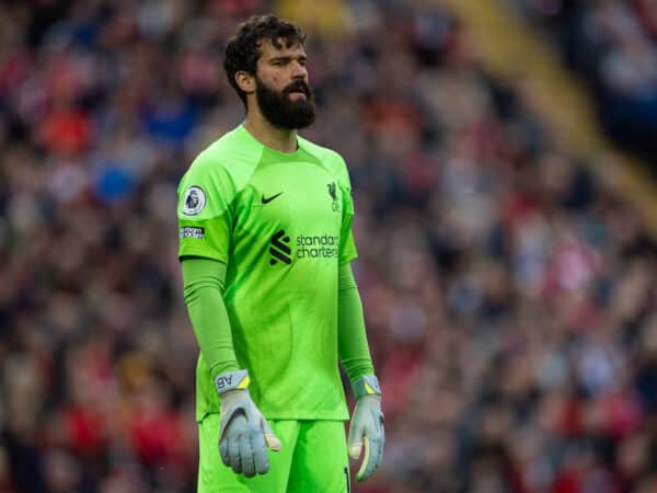 LIVERPOOL, ENGLAND - Saturday, May 6, 2023: Liverpool's goalkeeper Alisson Becker during the FA Premier League match between Liverpool FC and Brentford FC at Anfield. (Pic by David Rawcliffe/Propaganda)