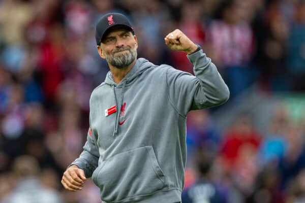 LIVERPOOL, ENGLAND - Saturday, May 6, 2023: Liverpool's manager Jürgen Klopp celebrates in front of the Spion Kop after the FA Premier League match between Liverpool FC and Brentford FC at Anfield. Liverpool won 1-0. (Pic by David Rawcliffe/Propaganda)