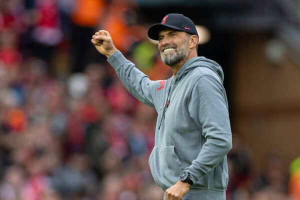 LIVERPOOL, ENGLAND - Saturday, May 6, 2023: Liverpool's manager Jürgen Klopp celebrates in front of the Spion Kop after the FA Premier League match between Liverpool FC and Brentford FC at Anfield. Liverpool won 1-0. (Pic by David Rawcliffe/Propaganda)