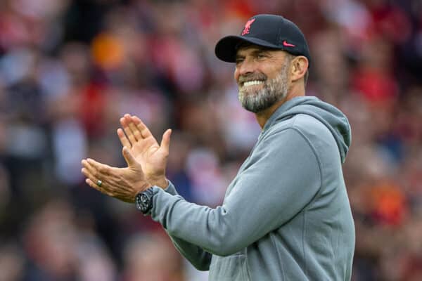 LIVERPOOL, ENGLAND - Saturday, May 6, 2023: Liverpool's manager Jürgen Klopp celebrates in front of the Spion Kop after the FA Premier League match between Liverpool FC and Brentford FC at Anfield. Liverpool won 1-0. (Pic by David Rawcliffe/Propaganda)