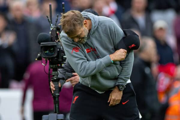 LIVERPOOL, ENGLAND - Saturday, May 6, 2023: Liverpool's manager Jürgen Klopp celebrates in front of the Spion Kop after the FA Premier League match between Liverpool FC and Brentford FC at Anfield. Liverpool won 1-0. (Pic by David Rawcliffe/Propaganda)