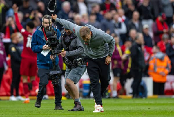  Liverpool's manager Jürgen Klopp celebrates in front of the Spion Kop after the FA Premier League match between Liverpool FC and Brentford FC at Anfield. Liverpool won 1-0. (Pic by David Rawcliffe/Propaganda)