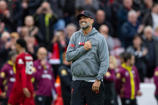 LIVERPOOL, ENGLAND - Saturday, May 6, 2023: Liverpool's manager Jürgen Klopp celebrates in front of the Spion Kop after the FA Premier League match between Liverpool FC and Brentford FC at Anfield. Liverpool won 1-0. (Pic by David Rawcliffe/Propaganda)