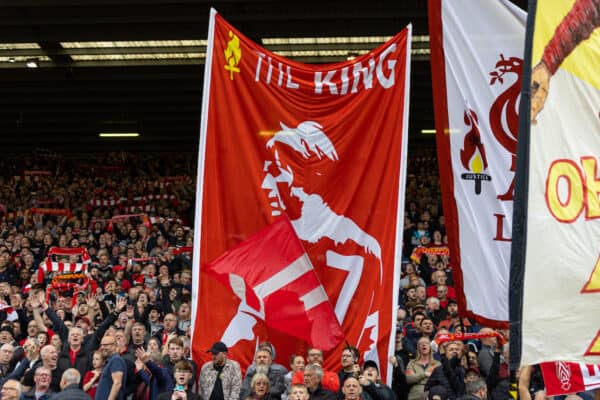 LIVERPOOL, ENGLAND - Saturday, May 6, 2023: Liverpool supporters' banner on the Spion Kop "The King [Kenny Dalglish]" before the FA Premier League match between Liverpool FC and Brentford FC at Anfield. (Pic by David Rawcliffe/Propaganda)