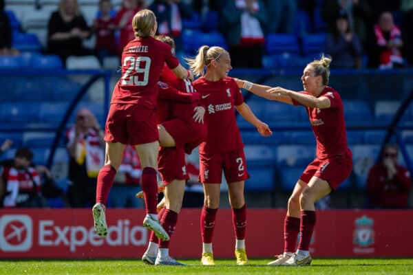 BIRKENHEAD, ENGLAND - Sunday, May 7, 2023: Liverpool's Missy Bo Kearns (Centre L) celebrates scoring the second goal with team-mates during the FA Women’s Super League match between Liverpool FC Women and Manchester City FC Women at Prenton Park. (Pic by Jessica Hornby/Propaganda)