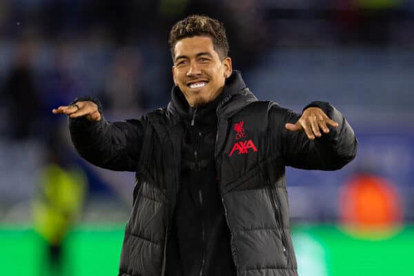 LEICESTER, ENGLAND - Monday, May 15, 2023: Liverpool's Roberto Firmino celebrates with supporters after the FA Premier League match between Leicester City FC and Liverpool FC at the King Power Stadium. (Pic by David Rawcliffe/Propaganda)