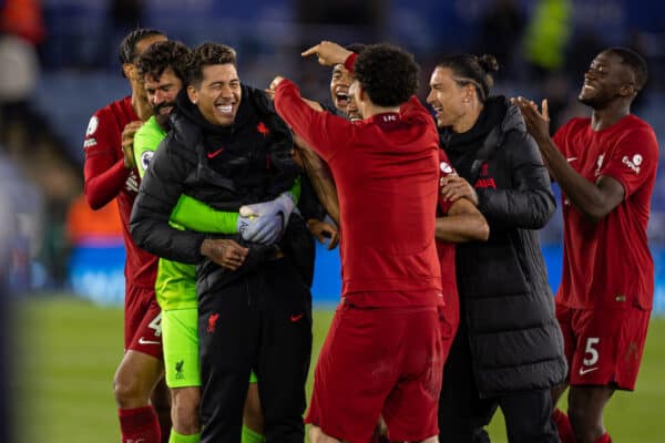 LEICESTER, ENGLAND - Monday, May 15, 2023: Liverpool's Roberto Firmino celebrates with team-mates after the FA Premier League match between Leicester City FC and Liverpool FC at the King Power Stadium. (Pic by David Rawcliffe/Propaganda)