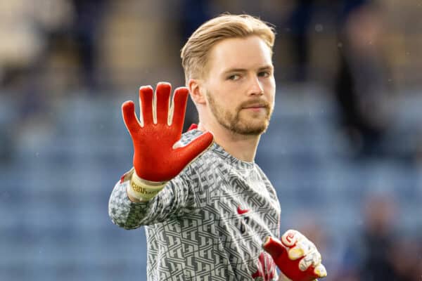 LEICESTER, ENGLAND - Monday, May 15, 2023: Liverpool's goalkeeper Caoimhin Kelleher during the pre-match warm-up before the FA Premier League match between Leicester City FC and Liverpool FC at the King Power Stadium. (Pic by David Rawcliffe/Propaganda)