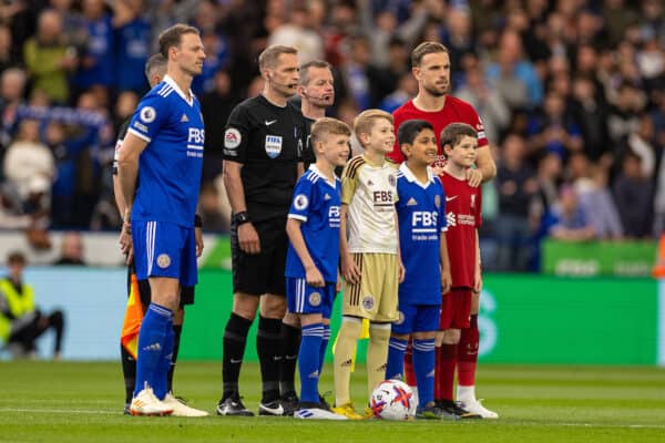 LEICESTER, ENGLAND - Monday, May 15, 2023: Liverpool's captain Jordan Henderson (R) and Leicester City's Jonny Evans line-up before the FA Premier League match between Leicester City FC and Liverpool FC at the King Power Stadium. (Pic by David Rawcliffe/Propaganda)