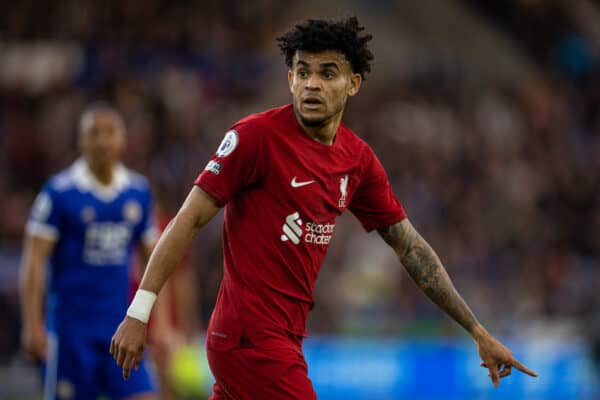 LEICESTER, ENGLAND - Monday, May 15, 2023: Liverpool's Luis Díaz during the FA Premier League match between Leicester City FC and Liverpool FC at the King Power Stadium. (Pic by David Rawcliffe/Propaganda)