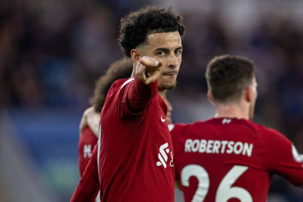 LEICESTER, ENGLAND - Monday, May 15, 2023: Liverpool's Curtis Jones celebrates after scoring the first goal during the FA Premier League match between Leicester City FC and Liverpool FC at the King Power Stadium. (Pic by David Rawcliffe/Propaganda)