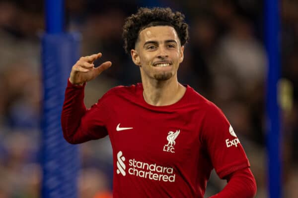 LEICESTER, ENGLAND - Monday, May 15, 2023: Liverpool's Curtis Jones celebrates after scoring the first goal during the FA Premier League match between Leicester City FC and Liverpool FC at the King Power Stadium. (Pic by David Rawcliffe/Propaganda)