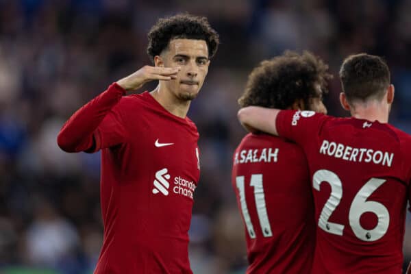 LEICESTER, ENGLAND - Monday, May 15, 2023: Liverpool's Curtis Jones celebrates after scoring the first goal during the FA Premier League match between Leicester City FC and Liverpool FC at the King Power Stadium. (Pic by David Rawcliffe/Propaganda)