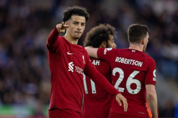 LEICESTER, ENGLAND - Monday, May 15, 2023: Liverpool's Curtis Jones celebrates after scoring the first goal during the FA Premier League match between Leicester City FC and Liverpool FC at the King Power Stadium. (Pic by David Rawcliffe/Propaganda)