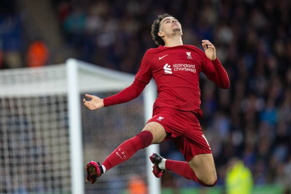 LEICESTER, ENGLAND - Monday, May 15, 2023: Liverpool's Curtis Jones celebrates after scoring the second goal during the FA Premier League match between Leicester City FC and Liverpool FC at the King Power Stadium. (Pic by David Rawcliffe/Propaganda)