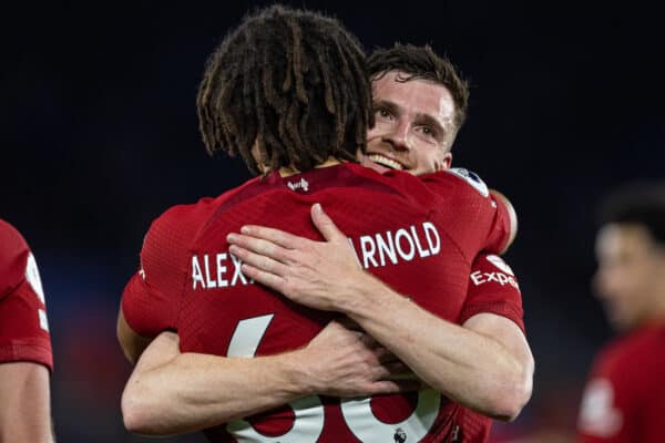 LEICESTER, ENGLAND - Monday, May 15, 2023: Liverpool's Trent Alexander-Arnold (L) celebrates with team-mate Andy Robertson (R) after scoring the third goal during the FA Premier League match between Leicester City FC and Liverpool FC at the King Power Stadium. (Pic by David Rawcliffe/Propaganda)