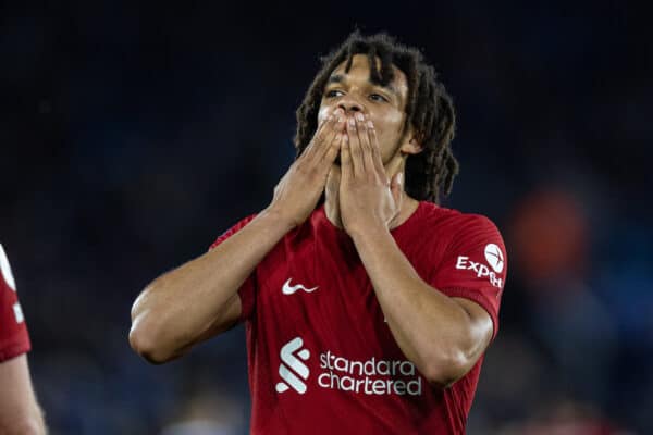 LEICESTER, ENGLAND - Monday, May 15, 2023: Liverpool's Trent Alexander-Arnold celebrates after scoring the third goal during the FA Premier League match between Leicester City FC and Liverpool FC at the King Power Stadium. (Pic by David Rawcliffe/Propaganda)