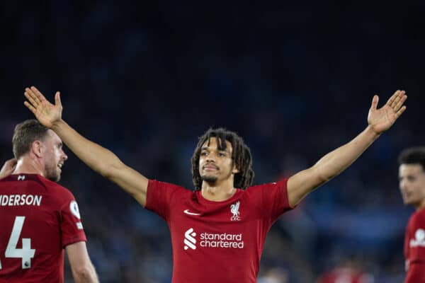 LEICESTER, ENGLAND - Monday, May 15, 2023: Liverpool's Trent Alexander-Arnold celebrates after scoring the third goal during the FA Premier League match between Leicester City FC and Liverpool FC at the King Power Stadium. (Pic by David Rawcliffe/Propaganda)