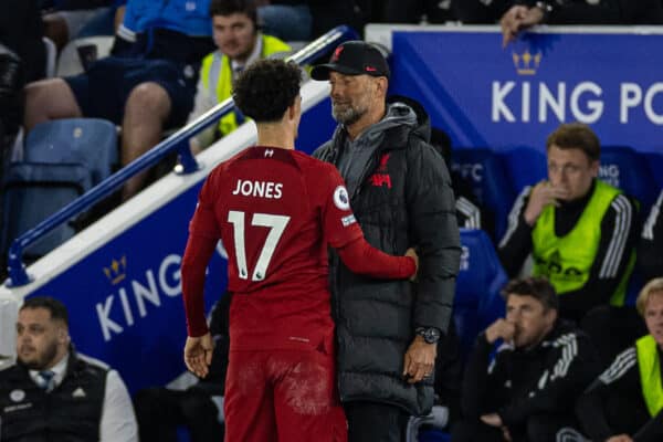 LEICESTER, ENGLAND - Monday, May 15, 2023: Liverpool's two-goal hero Curtis Jones is embraced by manager Jürgen Klopp as he is substituted during the FA Premier League match between Leicester City FC and Liverpool FC at the King Power Stadium. (Pic by David Rawcliffe/Propaganda)