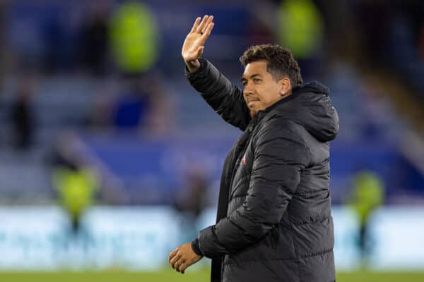 LEICESTER, ENGLAND - Monday, May 15, 2023: Liverpool's Roberto Firmino waves to the travelling supporters after the FA Premier League match between Leicester City FC and Liverpool FC at the King Power Stadium. (Pic by David Rawcliffe/Propaganda)