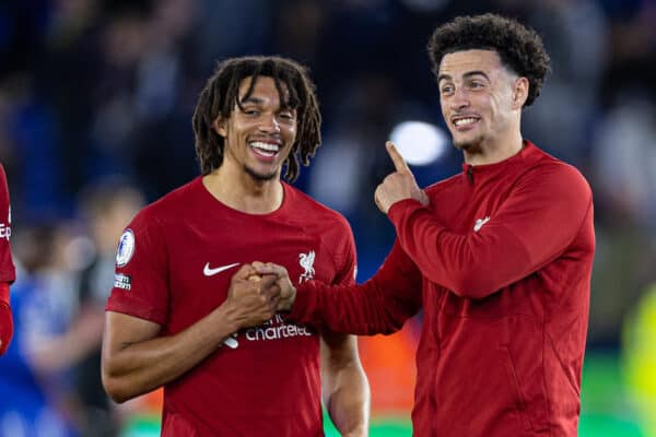 LEICESTER, ENGLAND - Monday, May 15, 2023: Liverpool's goal-scorers Trent Alexander-Arnold (C) and Curtis Jones (R) celebrate after the FA Premier League match between Leicester City FC and Liverpool FC at the King Power Stadium. (Pic by David Rawcliffe/Propaganda)