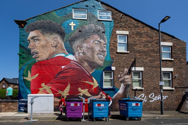 LIVERPOOL, ENGLAND - Saturday, May 20, 2023: A new street art mural for Liverpool's Roberto Firmino seen before the FA Premier League match between Liverpool FC and Aston Villa FC at Anfield. (Pic by David Rawcliffe/Propaganda)