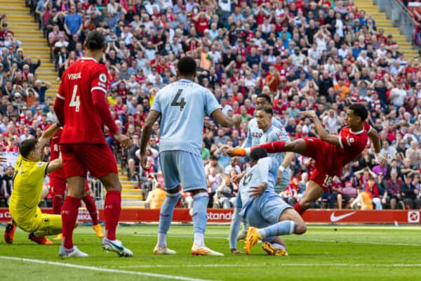 LIVERPOOL, ENGLAND - Saturday, May 20, 2023: Liverpool's Cody Gakpo scores a goal, but it was later disallowed following a VAR review, during the FA Premier League match between Liverpool FC and Aston Villa FC at Anfield. (Pic by David Rawcliffe/Propaganda)