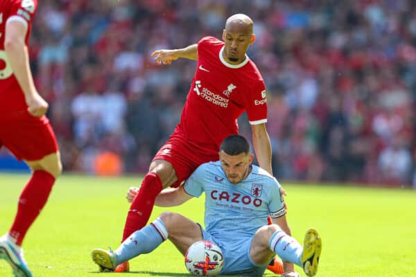 LIVERPOOL, ENGLAND - Saturday, May 20, 2023: Liverpool's Fabio Henrique Tavares 'Fabinho' (L) and Aston Villa's captain John McGinn during the FA Premier League match between Liverpool FC and Aston Villa FC at Anfield. (Pic by David Rawcliffe/Propaganda)