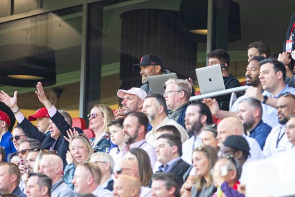 LIVERPOOL, ENGLAND - Saturday, May 20, 2023: Liverpool's manager Jürgen Klopp watching from the stands as he serves a one match ban during the FA Premier League match between Liverpool FC and Aston Villa FC at Anfield. (Pic by David Rawcliffe/Propaganda)